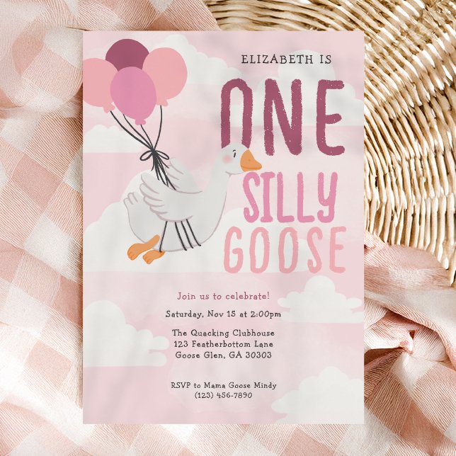 Pink One Silly Goose Whimsical 1st Birthday Party Invitation (Creator Uploaded)