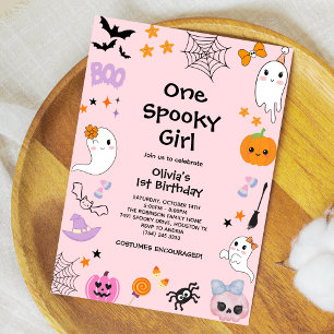 Pink One Spooky Girl Ghost Halloween 1st Birthday Invitation