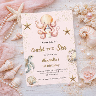 Pink oneder the sea ocean animal girl 1st Birthday Invitation