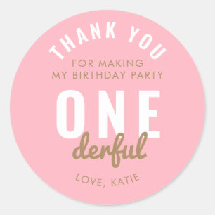 Pink ONEderful Birthday Round Sticker