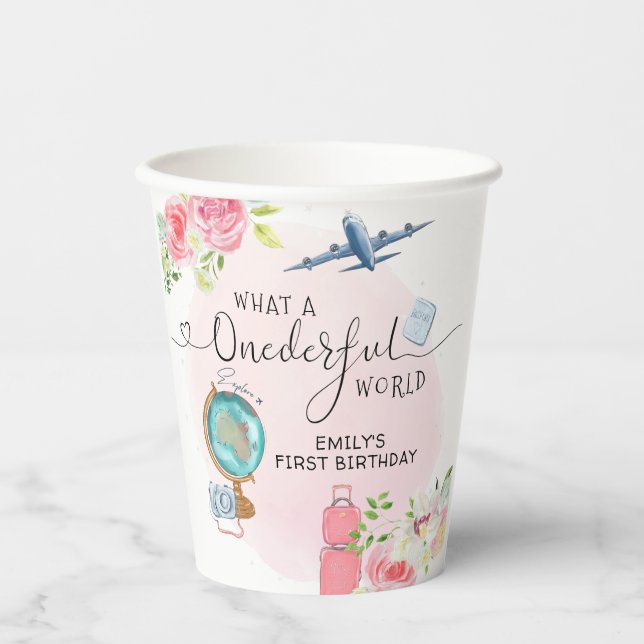 Pink ONEderful World Girls 1st First Birthday Paper Cups (Front)