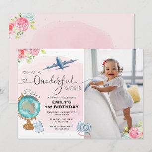 Pink ONEderful World Photo First Birthday Invitation