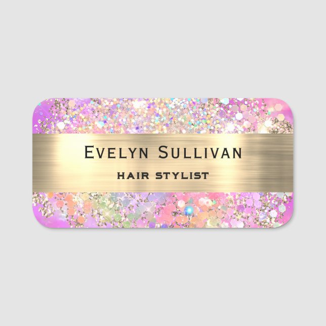 Pink Opal Faux Gold Foil Glitter Name Tag (Front)
