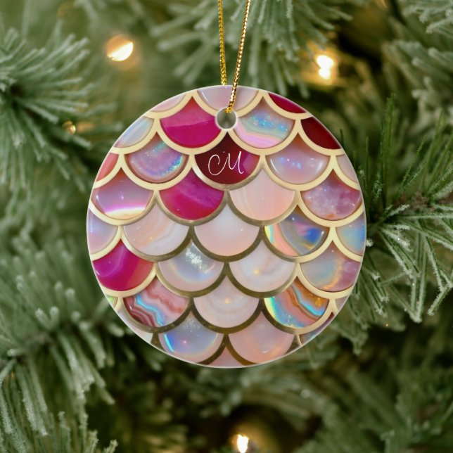 Pink Opal Iridescent Mermaid Scales Ceramic Ornament (Tree)