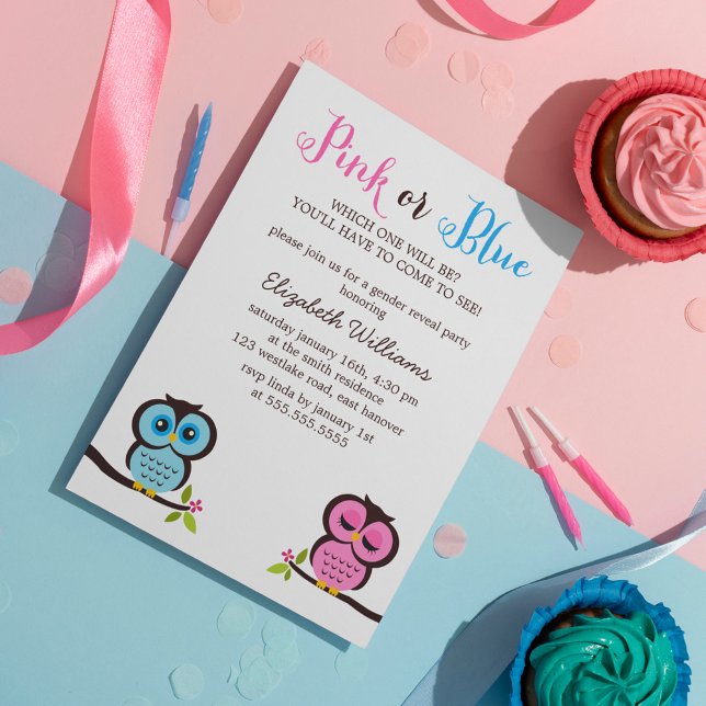 Pink or Blue? Owls Gender Reveal Party Invitation (Creator Uploaded)