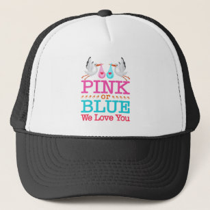 Pink or Blue We Love You Gender Reveal Stork Trucker Hat