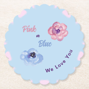 Pink or Blue We Love You Watercolor Flowers Paper Coaster