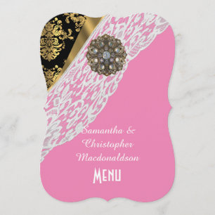 Pink or noir damassé blanc dentelle menu mariage