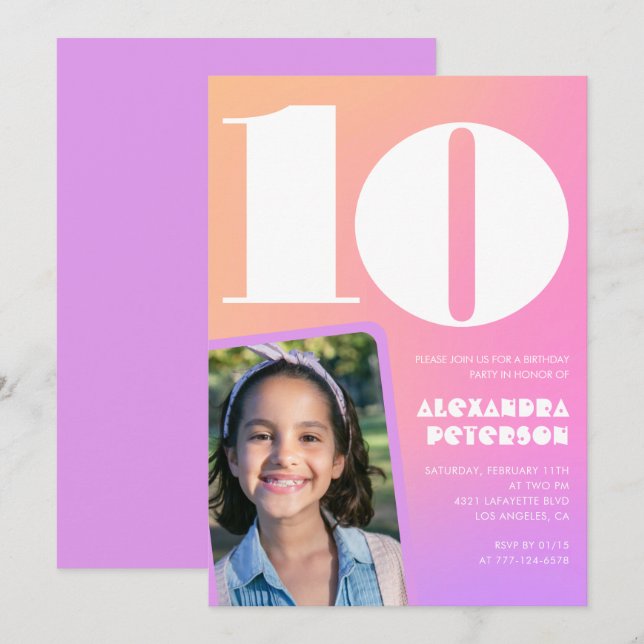 Pink Orange 10th birthday invitations Retro (Front/Back)