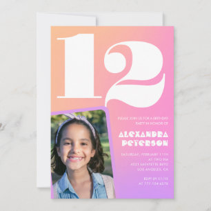 Pink Orange 12th birthday invitations Retro