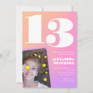 Pink Orange 13th birthday invitations Retro