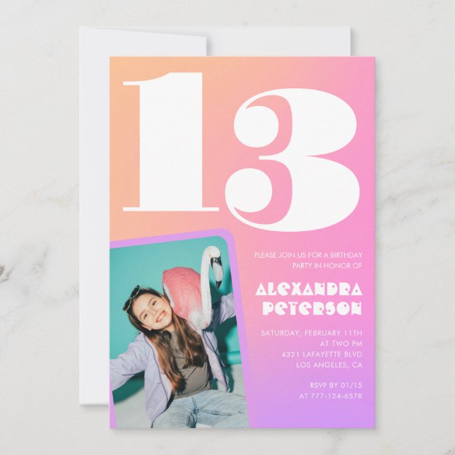 Pink Orange 13th birthday invitations Retro (Front)