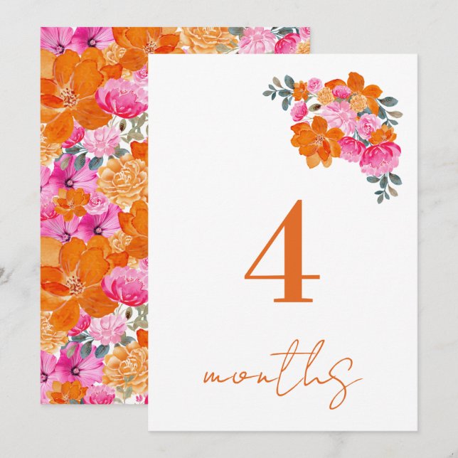 Pink Orange 4 Months Baby Monthly Milestone Card (Front/Back)