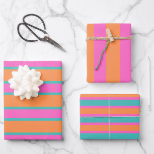 Pink, Orange and Blue Stripes Geometric Wrapping Paper Sheet