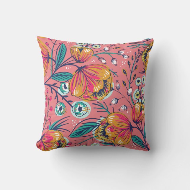 Pink Orange and Turquoise Floral Pattern Throw Pillow (Front)