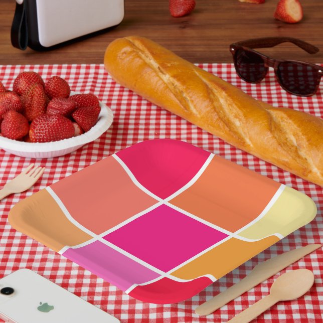 Pink, Orange and Yellow Squares Paper Plate (Picnic)