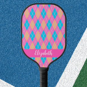 Pink orange aqua argyle preppy custom name modern pickleball paddle