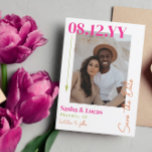 Pink & Orange Arrow Typography Photo Save The Date<br><div class="desc">Modern save the date card in white with pops of colour in pink,  orange,  and pear green with your photo,  your wedding date and an elegant narrow arrow.</div>