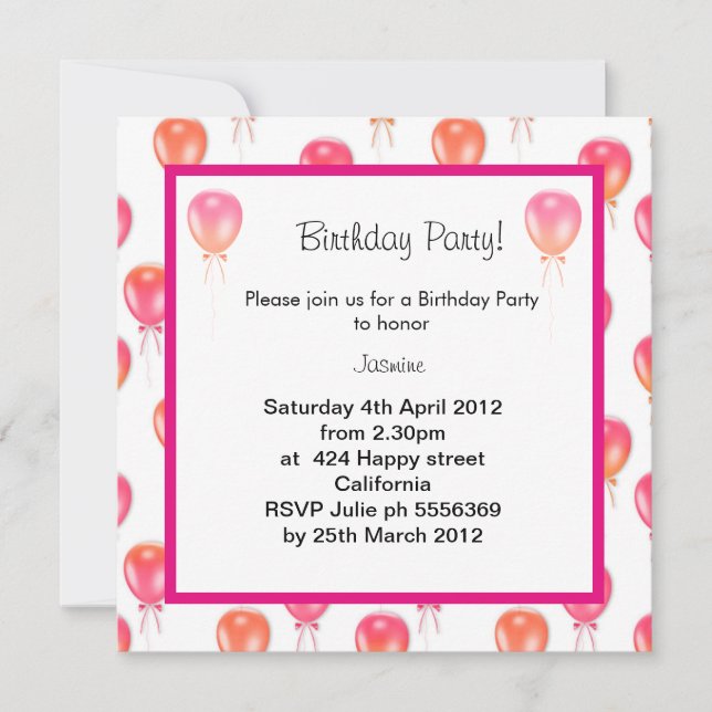 pink orange balloon BIRTHDAY PARTY INVITATION (Front)