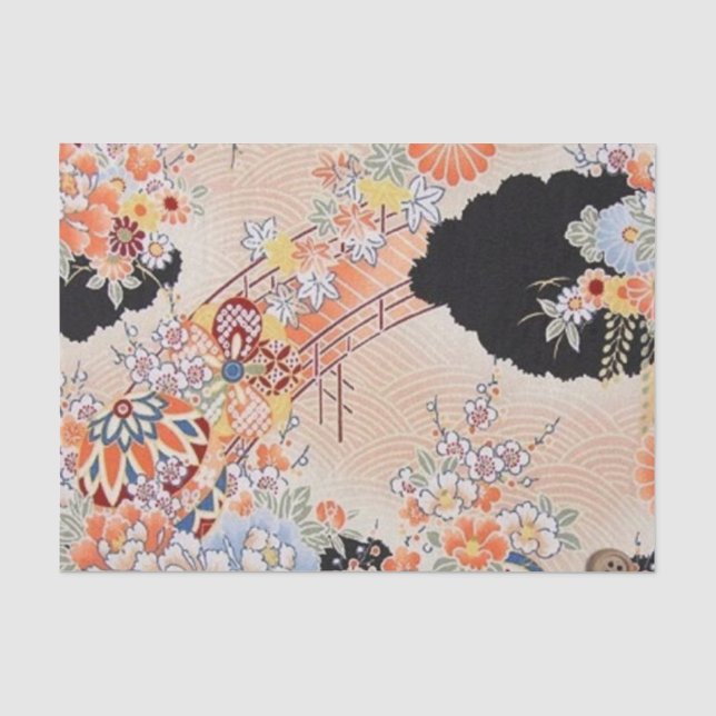 Pink Orange Black Japanese Kimono Floral Decoupage Tissue Paper (Front)