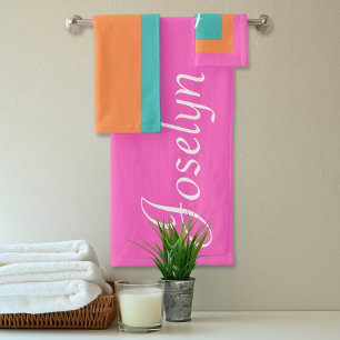 Pink Orange& Blue Color Blocks Monogrammed Name Bath Towel Set