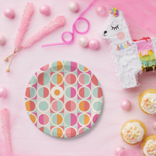 Pink Orange Blue Geometric Pattern Paper Plate