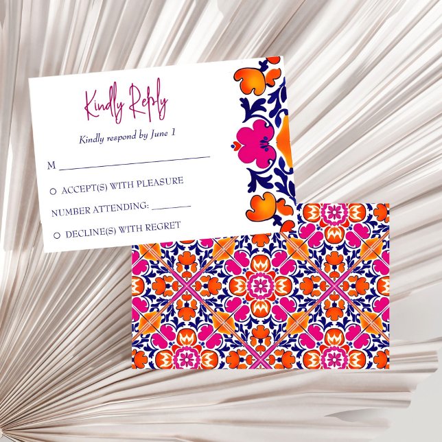 Pink orange blue Mexican tiles wedding RSVP Card (Pink orange blue Mexican Talavera Azulejo tiles wedding RSVP Card wedding invitation suite bold colo)