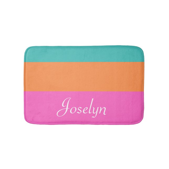 Pink, Orange& Blue Wide Horizontal Lines with Name Bath Mat (Front)