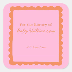Pink Orange Border Baby Shower Library Bookplate Square Sticker