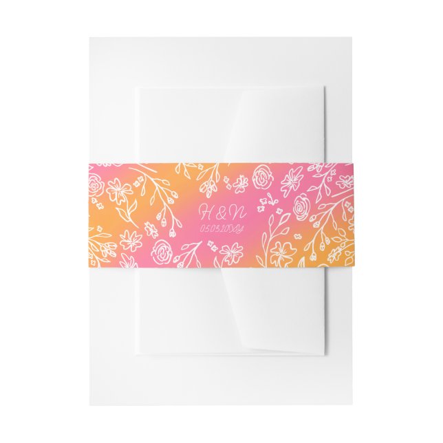  Pink Orange Botanical Monogram Date Wedding Invitation Belly Band (Front Example)