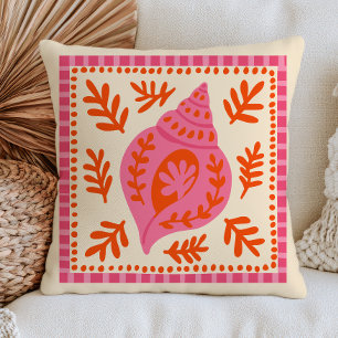 Pink& Orange Botanical Seashell Beach Nautical Throw Pillow