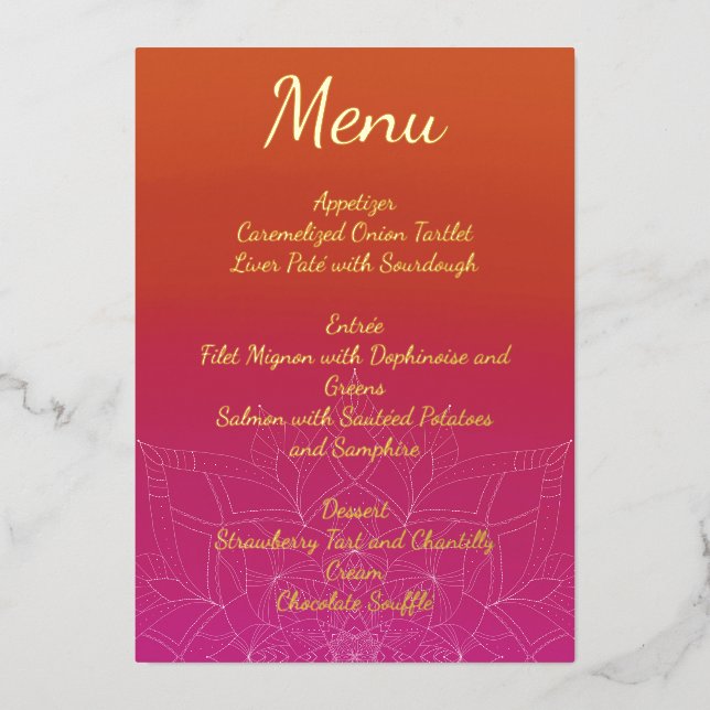 Pink & Orange Bright Ombre Mandala Wedding Menu (Front)
