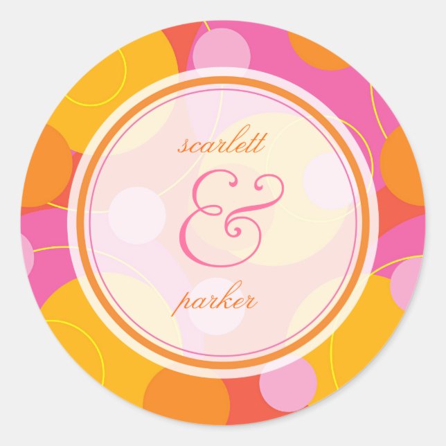 Pink Orange Bubbly Mod Dots Summer Wedding Sticker (Front)