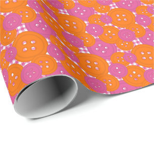 Pink Orange Buttons Gingham - Craft & Sewing Room Wrapping Paper