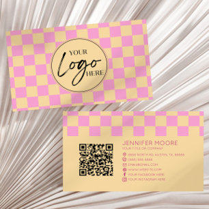 Pink Orange Chequered Custom Company Logo QR Code Business Card