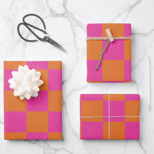 Pink Orange Chequered Pattern Wrapping Paper Sheet