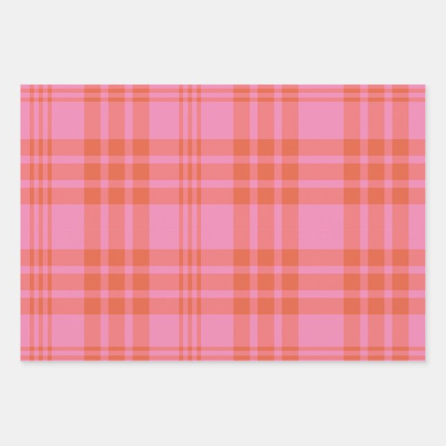 Pink Orange Chequered Plaid Gingham  Wrapping Paper Sheet (Front)