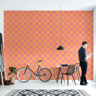 Pink Orange Chequered Wallpaper