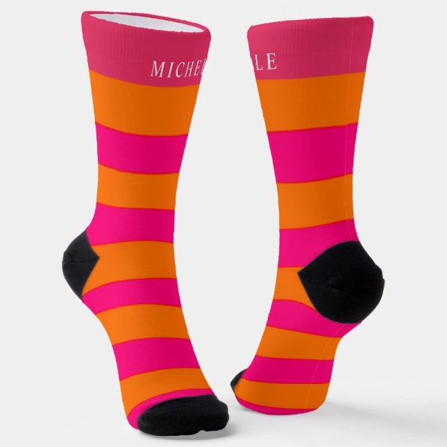 Pink Orange Colour Block Lines Striped Custom Name Socks (Angled)
