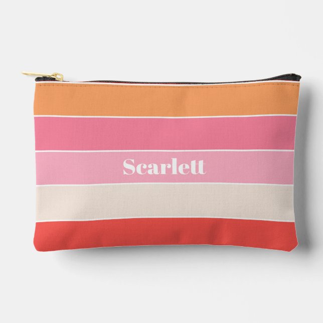 pink orange Custom Summer Colour Block Stripes Accessory Pouch (Front)