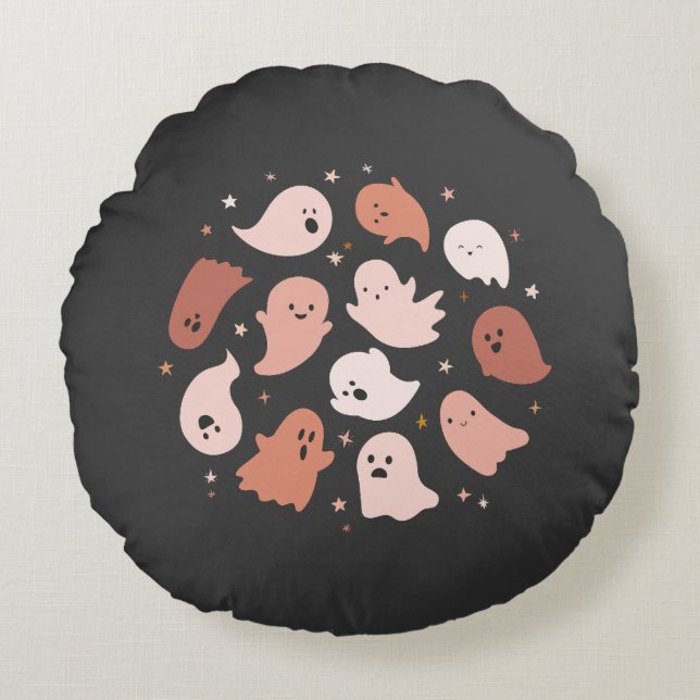 Pink Orange Cute Ghost Halloween Round Pillow (Front)