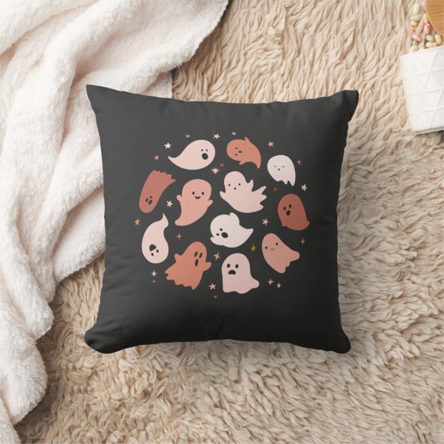 Pink Orange Cute Ghost Halloween Throw Pillow (Blanket)