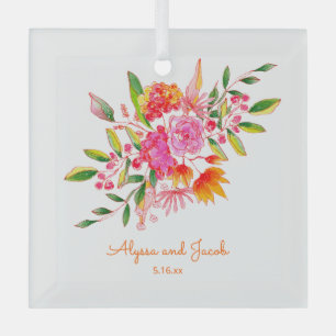 Pink Orange Cute Watercolor Flowers Custom Wedding Glass Ornament