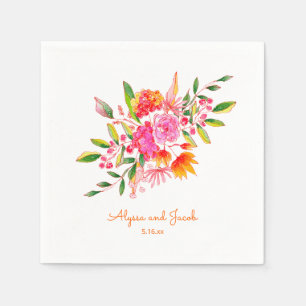 Pink Orange Cute Watercolor Flowers Custom Wedding Napkin