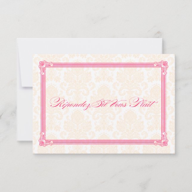 Pink & Orange Damask Poster-Style Wedding RSVP Card (Front)