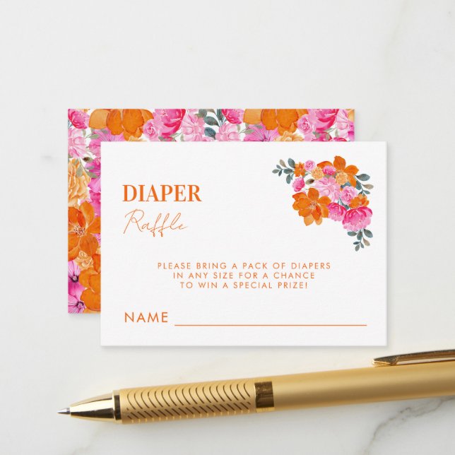 Pink Orange Diaper Raffle Girl Baby Shower Game Enclosure Card (Front/Back In Situ)