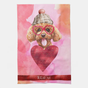 Pink Orange Dog Lover Valentine Gift Poodle Kitchen Towel