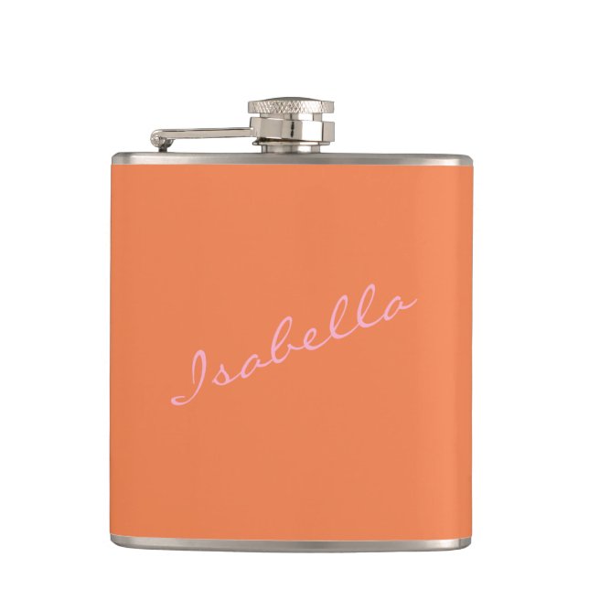 Pink Orange Elegant Script Name Wedding Party  Hip Flask (Front)