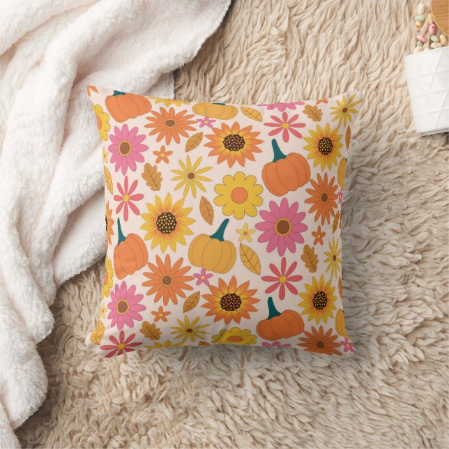 Pink Orange fall Pumpkins with sunflowers  Throw Pillow (Blanket)