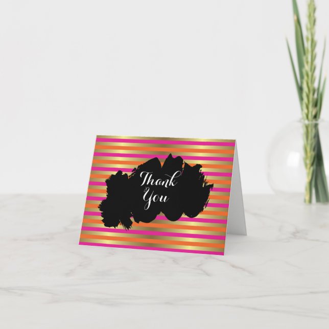 Pink, Orange & Faux Metallic Gold Stripe Thank You Card (Front)